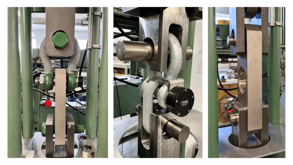 Three pictures of Tension Links and Load Pins during calibration procedure